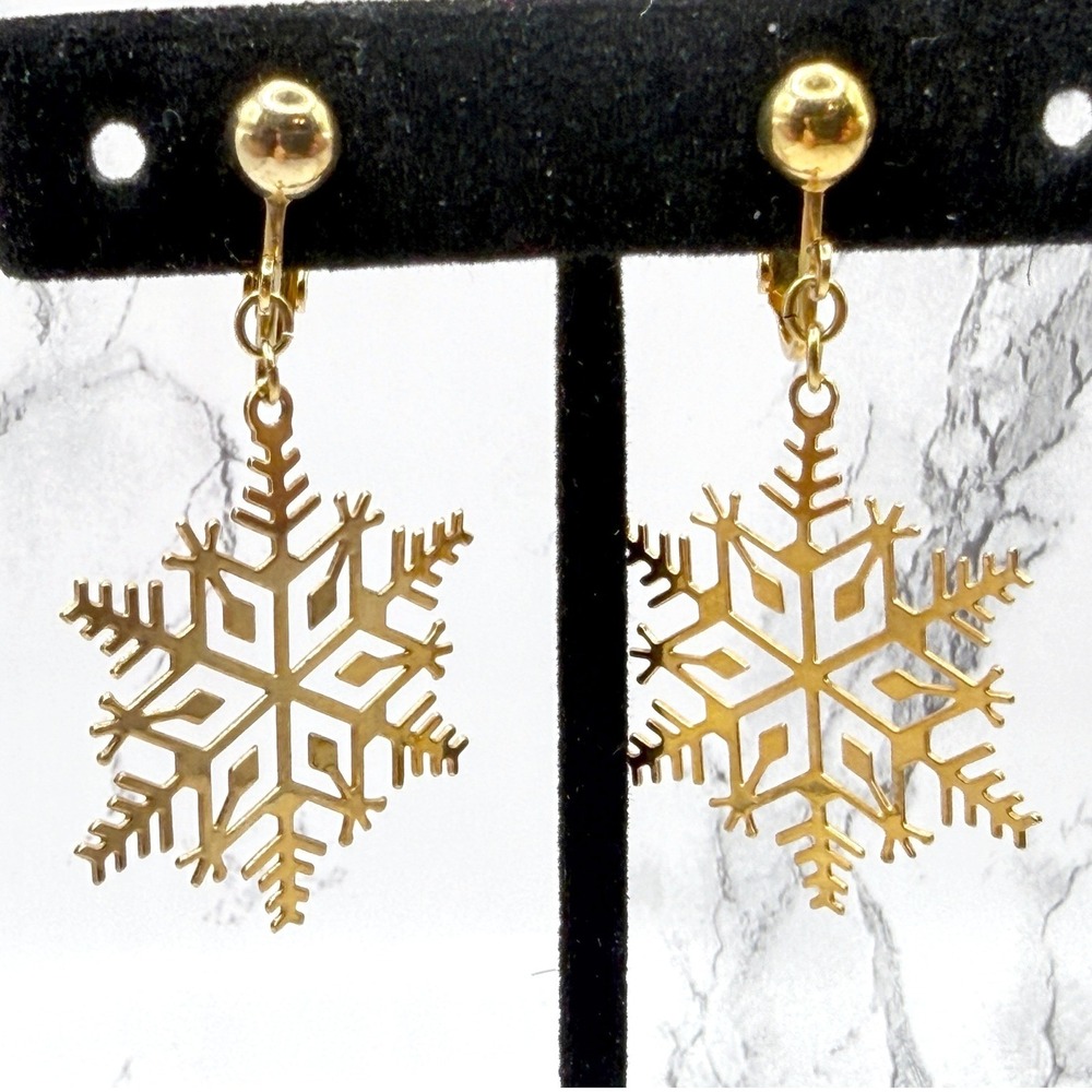 Vintage Avon Gold Snowflake Dangle Clip Earrings Winter Holiday‎ Jewelry